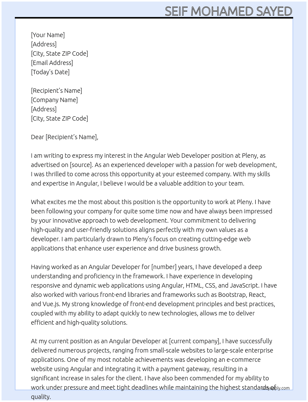 Angular Web Developer At pleny Cover Letter
