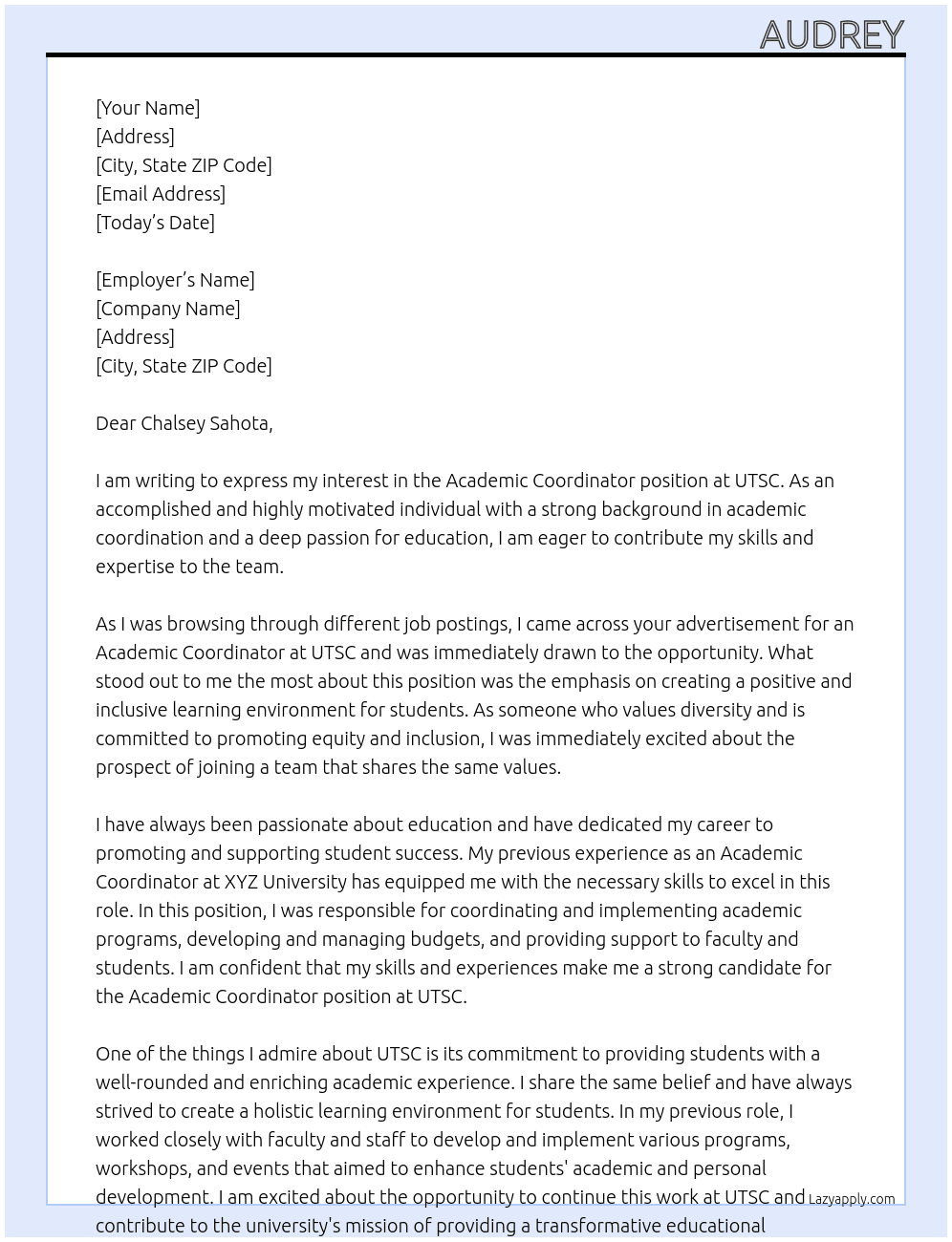 Academic Coordinator At UTSC Cover Letter