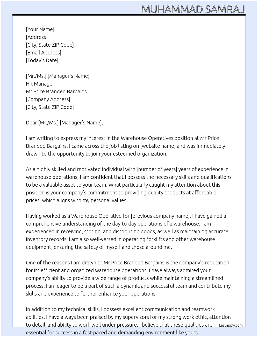 Warehouse Operatives At Mr.Price Branded Bargains Cover Letter