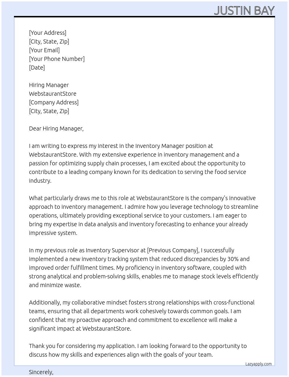 Cover letter for inventory manager - LazyApply