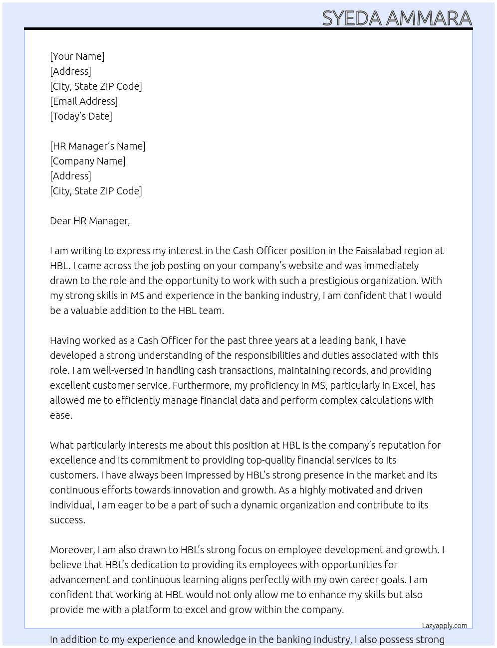 Cash Officer-Faisalabad Region At HBL Cover Letter