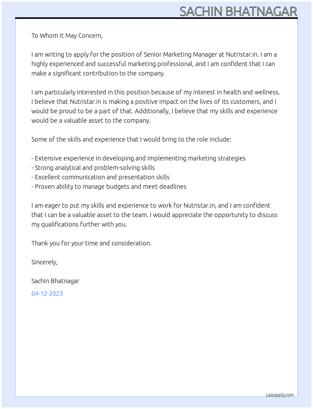 Senior Marketing Manager At Nutristar.in Cover Letter