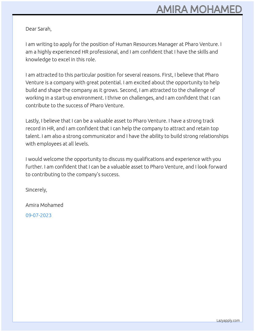 Human Resources Manager At Pharo Venture Cover Letter