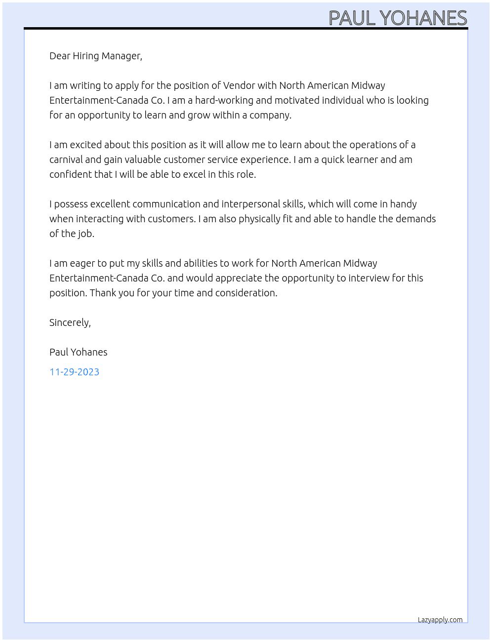 Vendor without experience At North American Midway Entertainment-Canada Co.  Cover Letter