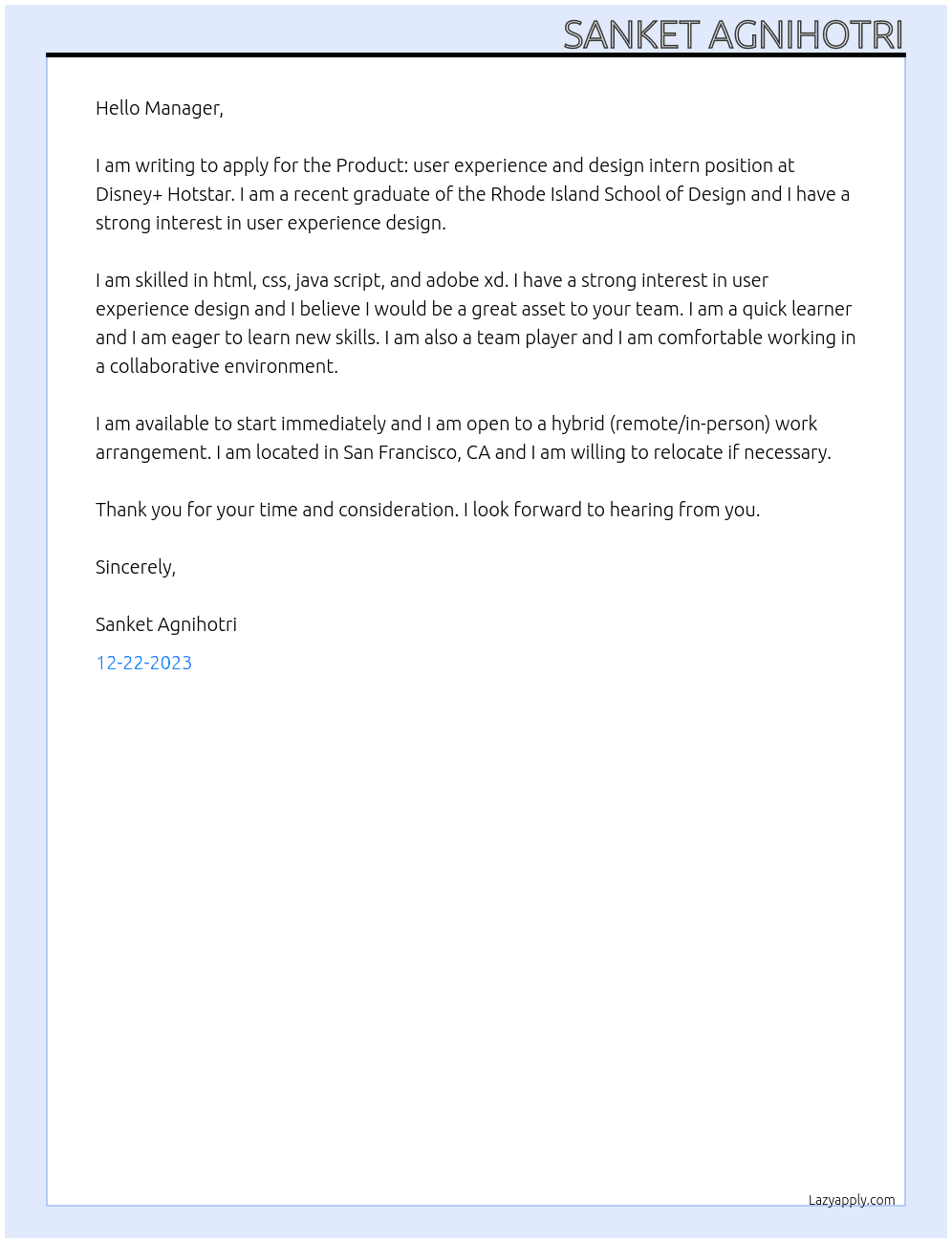 Product : user experience and design intern At Disney+ Hotstar Cover Letter