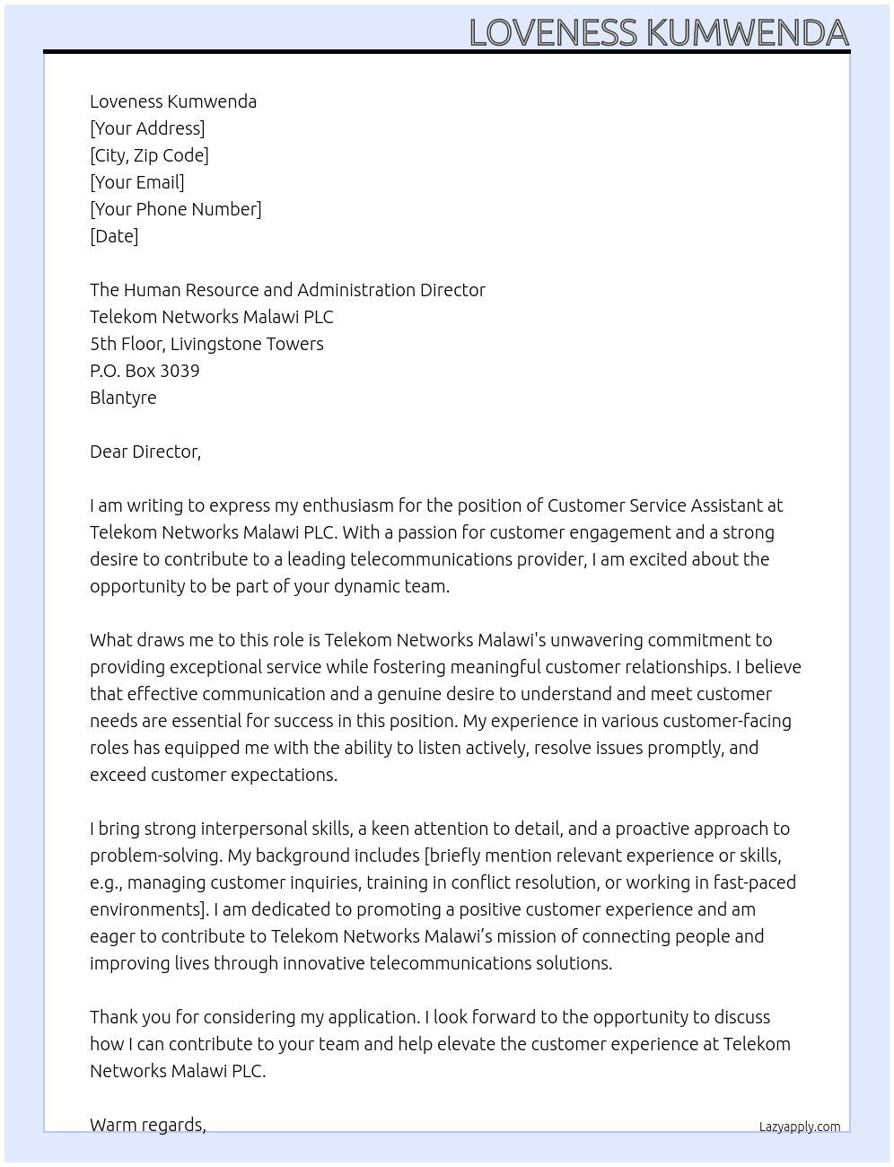 Cover letter for customer service assistant - LazyApply