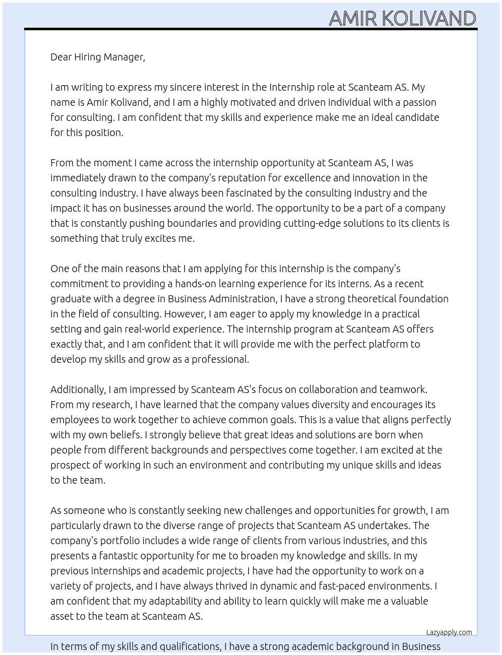 internship in consulting At Scanteam AS Cover Letter