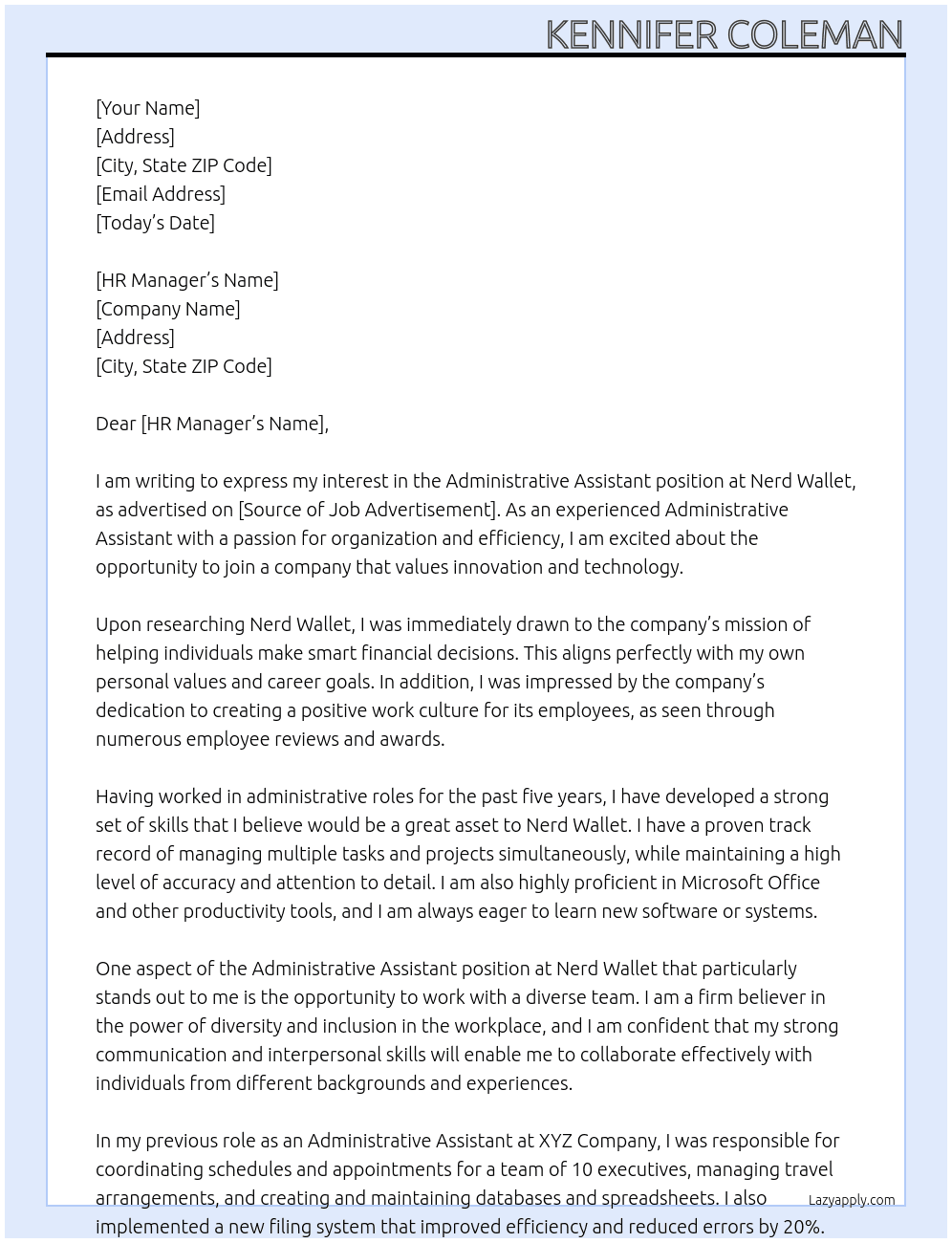 Administrative Assistant  At Nerd Wallet Cover Letter