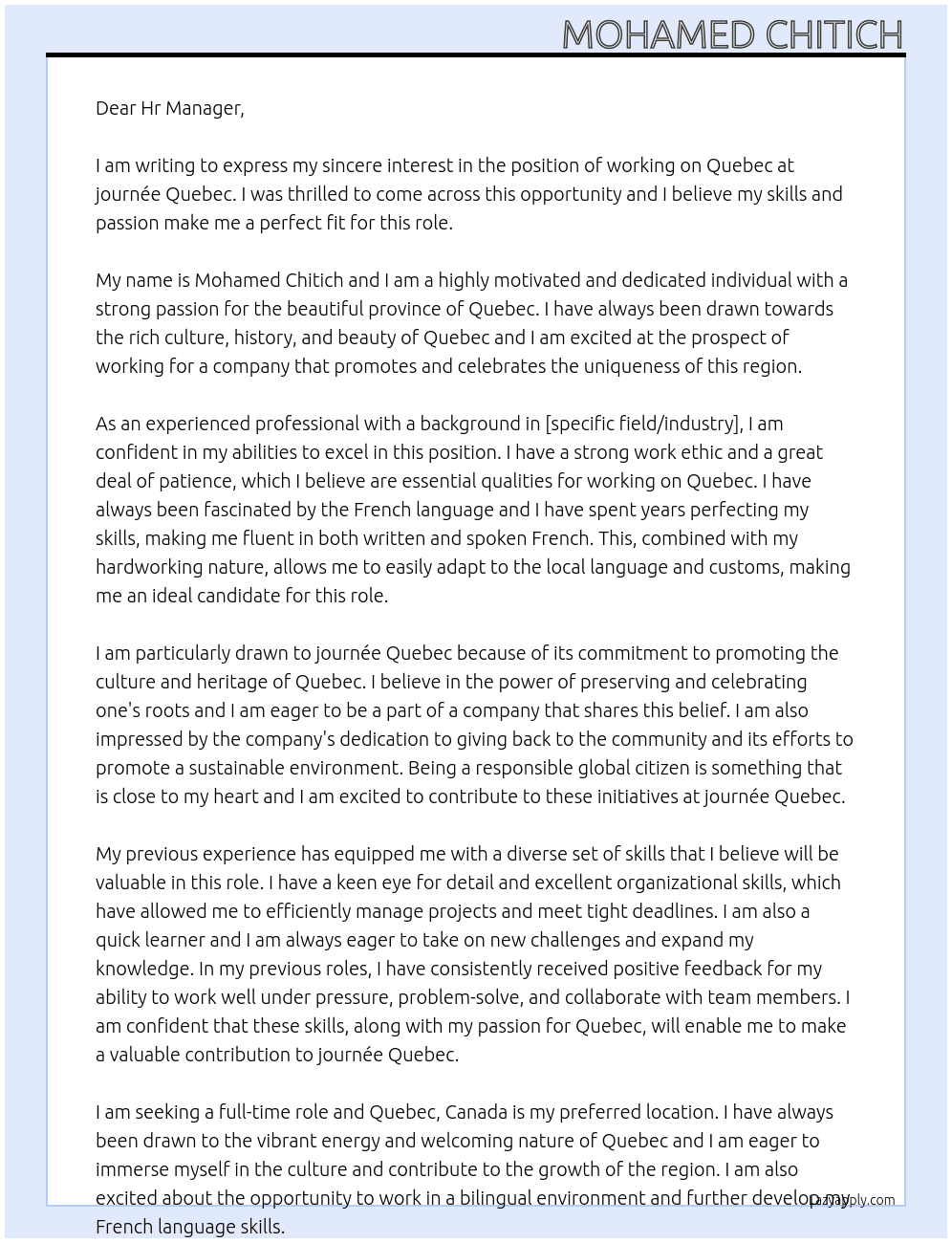 Working on Quebec At journée Quebec Cover Letter
