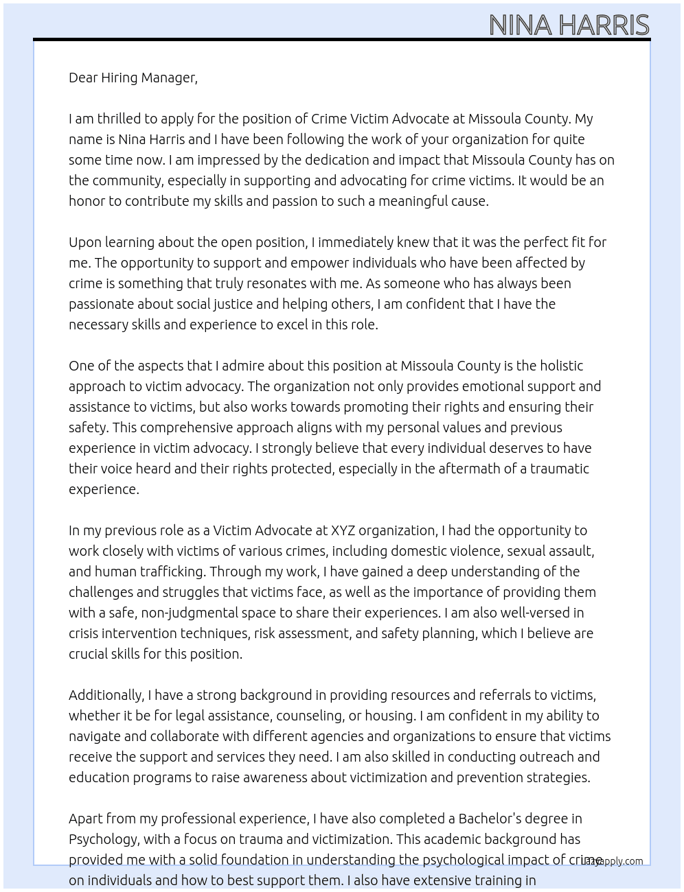 Cover letter for crime victim advocate - LazyApply