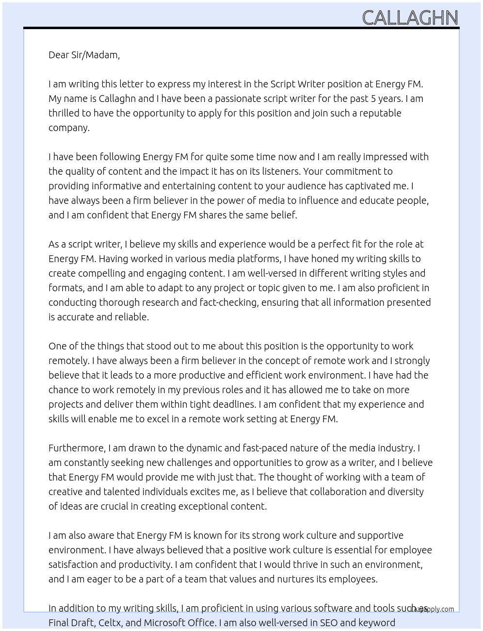 script writer At Energy FM Cover Letter