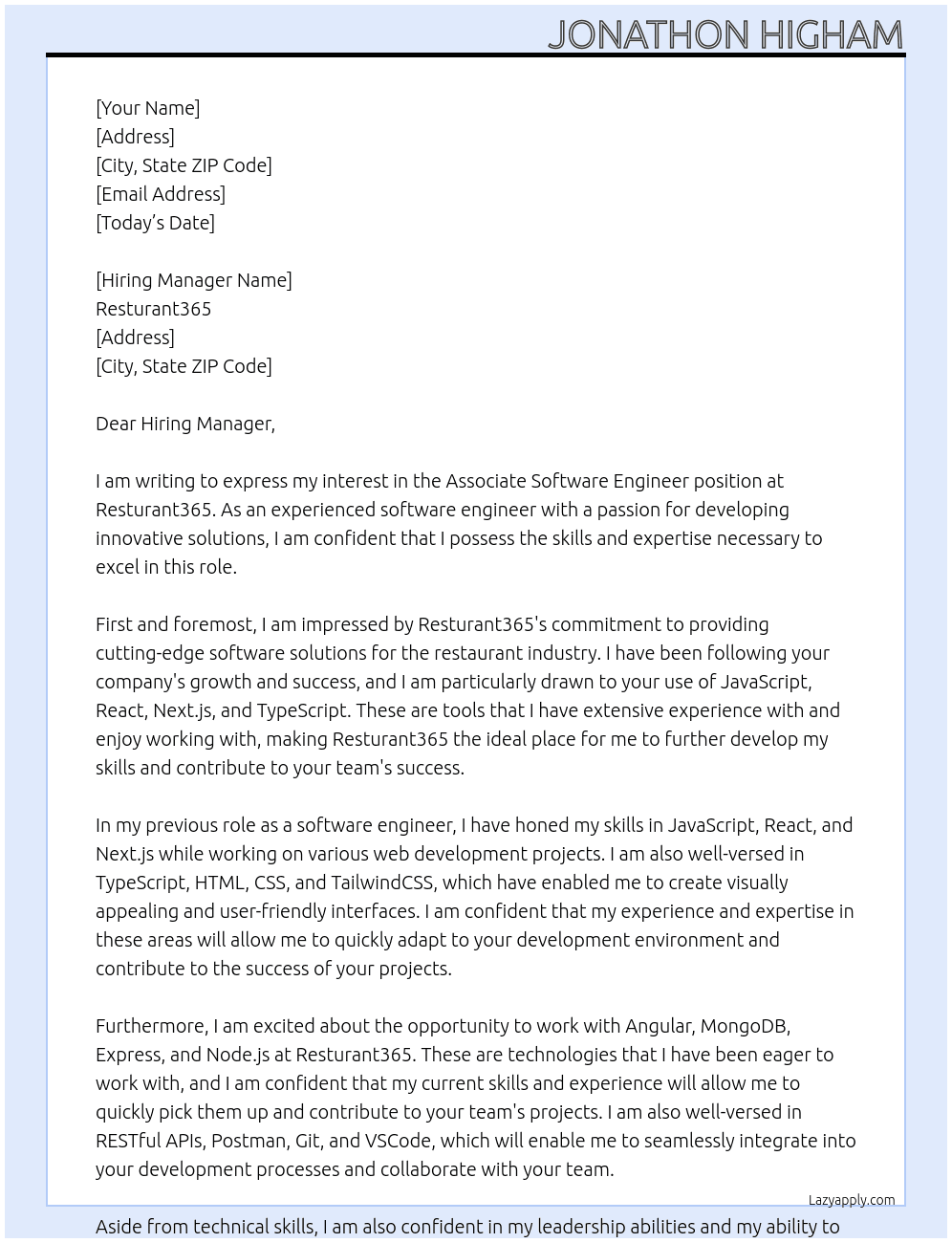 Associate Software Engineer At Resturant365 Cover Letter