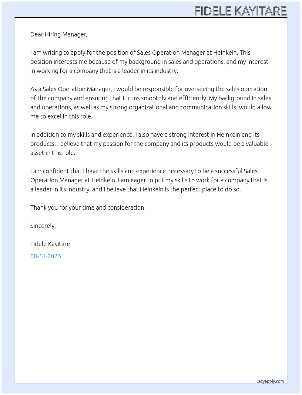 Sales Operation Manager At Heinkein  Cover Letter