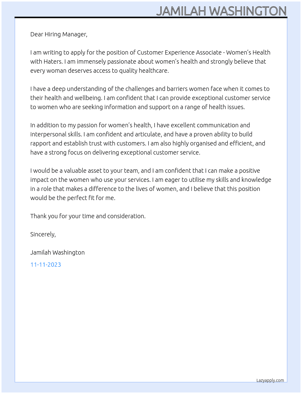 Customer Experience Associate - Women’s Health At Haters  Cover Letter