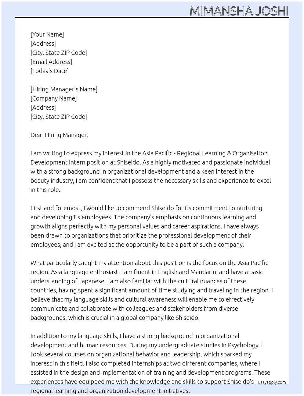 Asia Pacific - Regional Learning & Organisation Development Intern At Shiseido Cover Letter