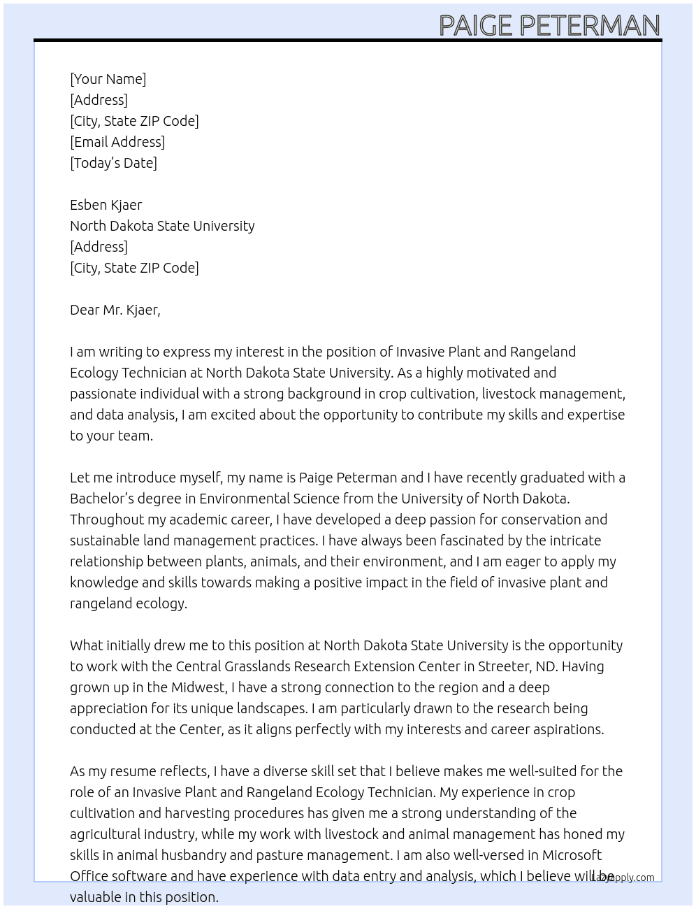Invasive Plant and Rangeland Ecology Technician  At North Dakota State University Cover Letter