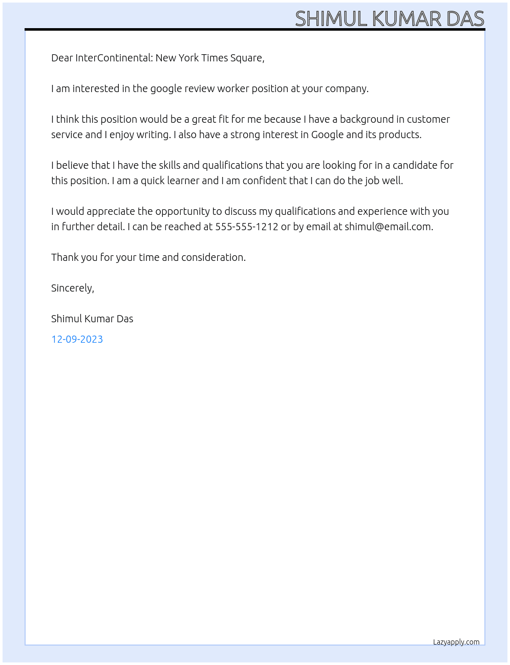 google review worker At InterContinental: New York Times Square Cover Letter