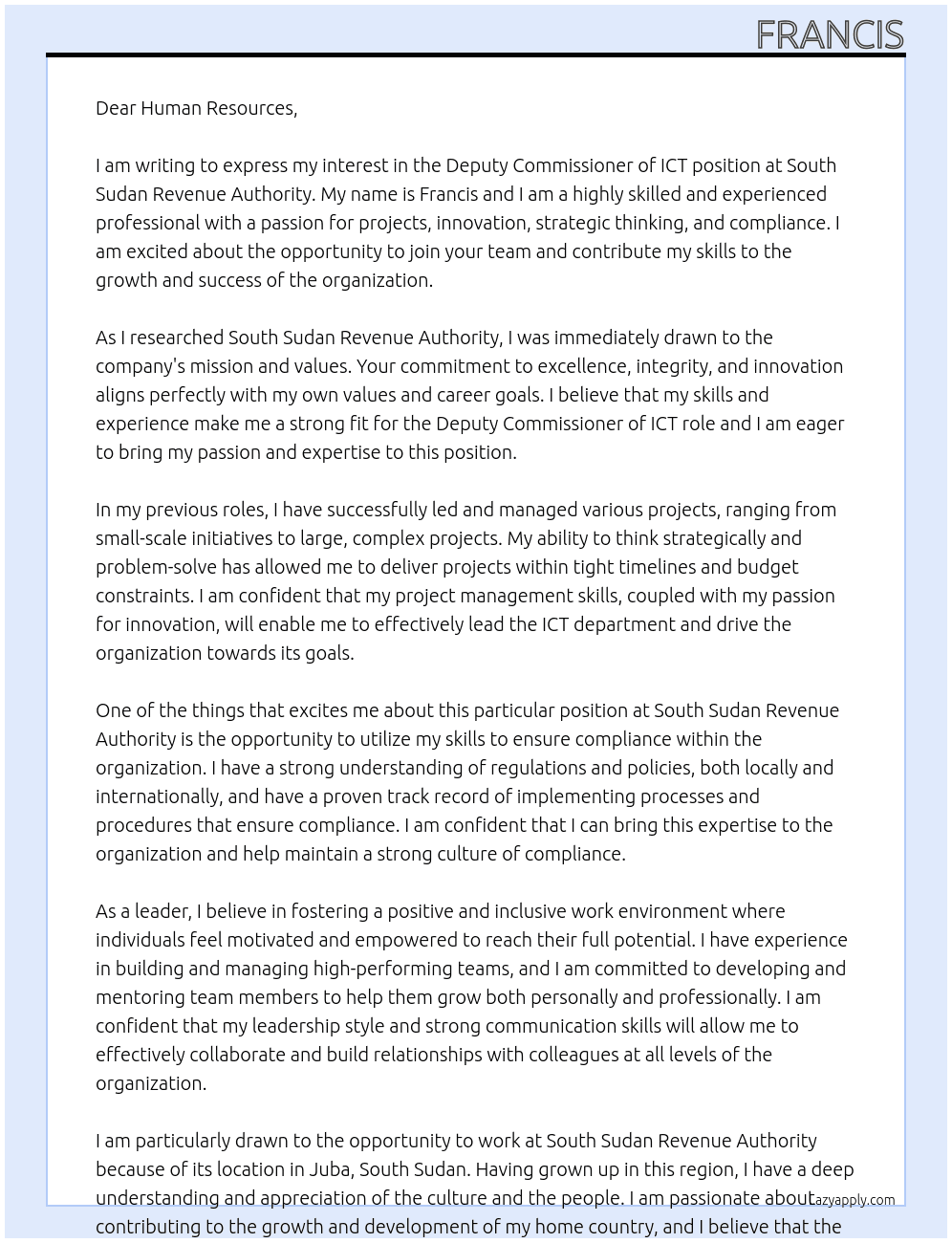 Deputy Commissioner of ICT At South Sudan Revenue Authority Cover Letter