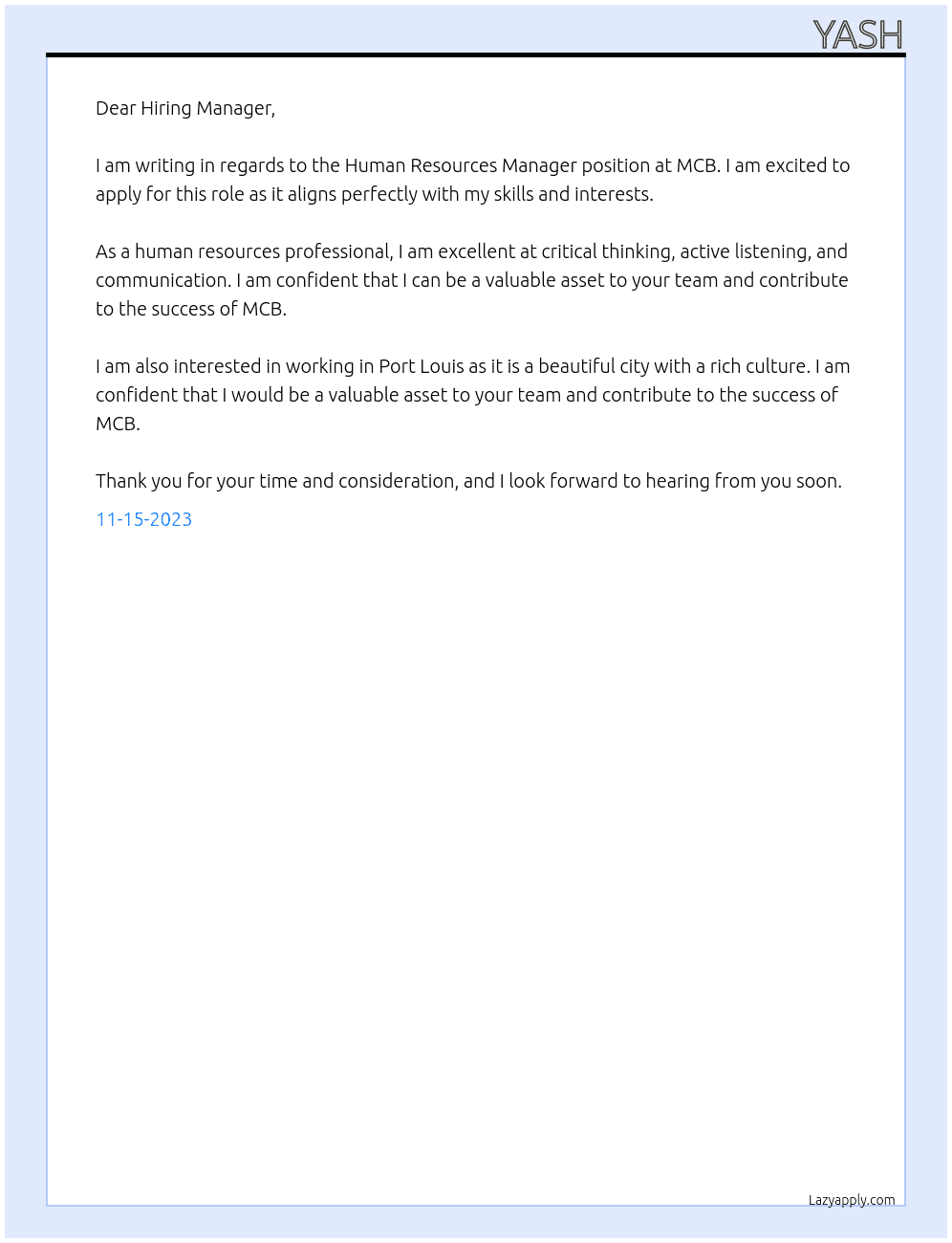 Human Resources Manager At MCB Cover Letter