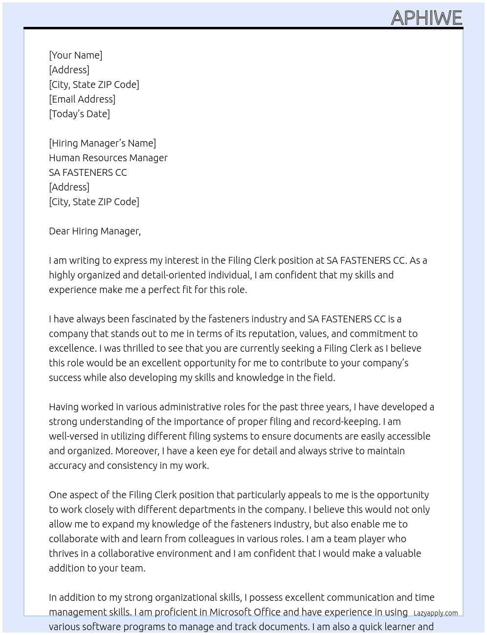 Filing Clerk At SA FASTNERS CC Cover Letter