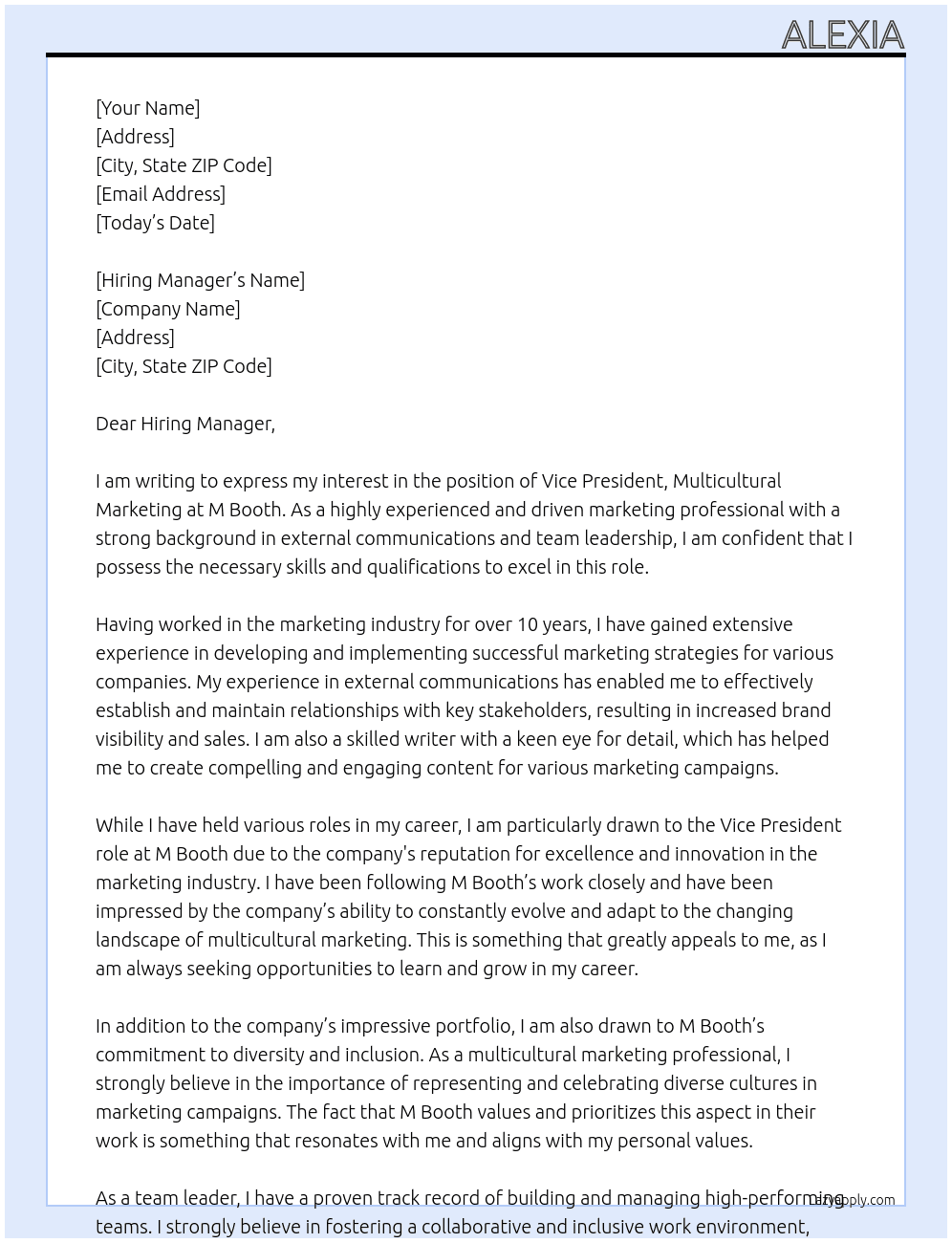 Vice President, Multicultural Marketing At M Booth Cover Letter