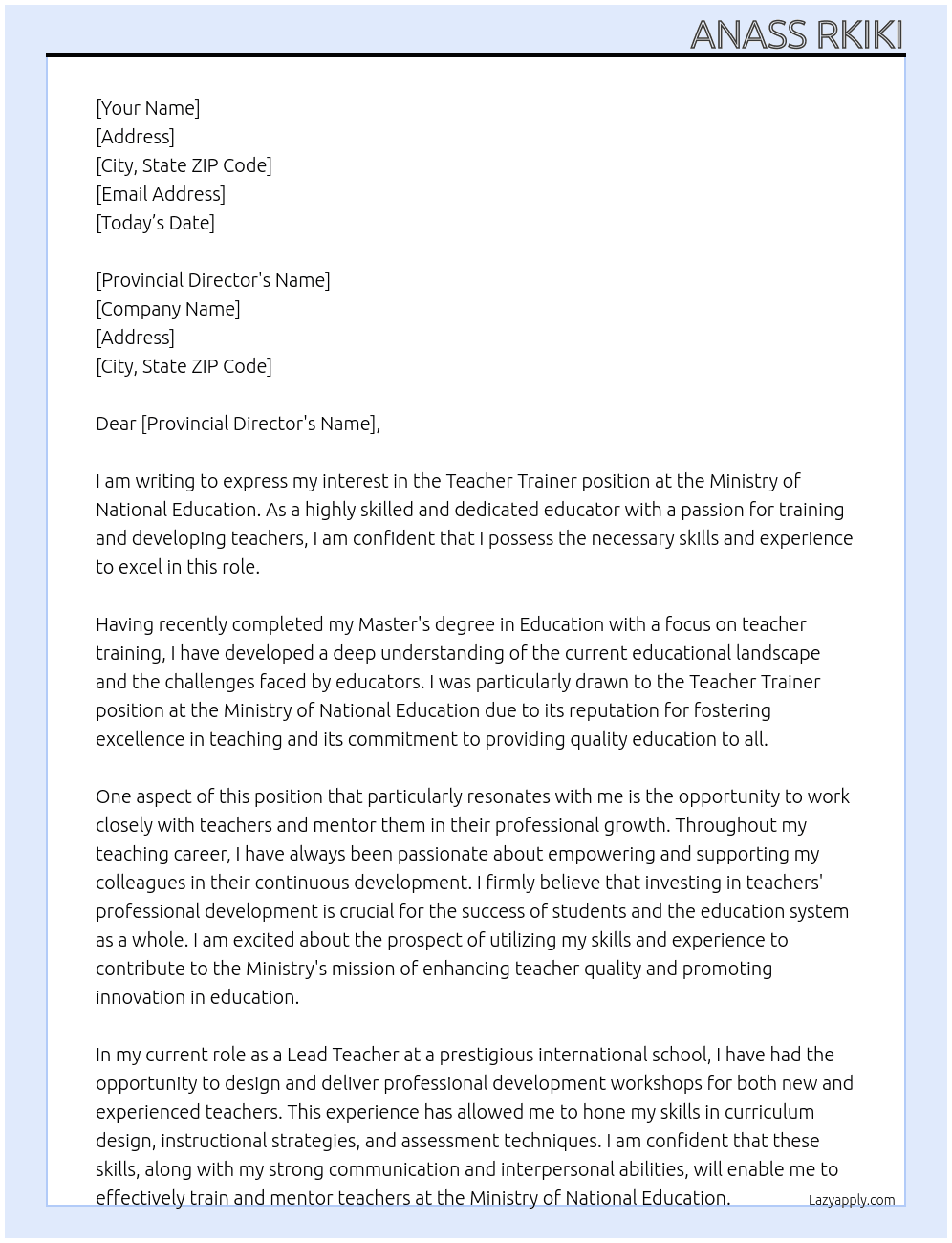 Teacher Trainer At Ministry of National Education Cover Letter