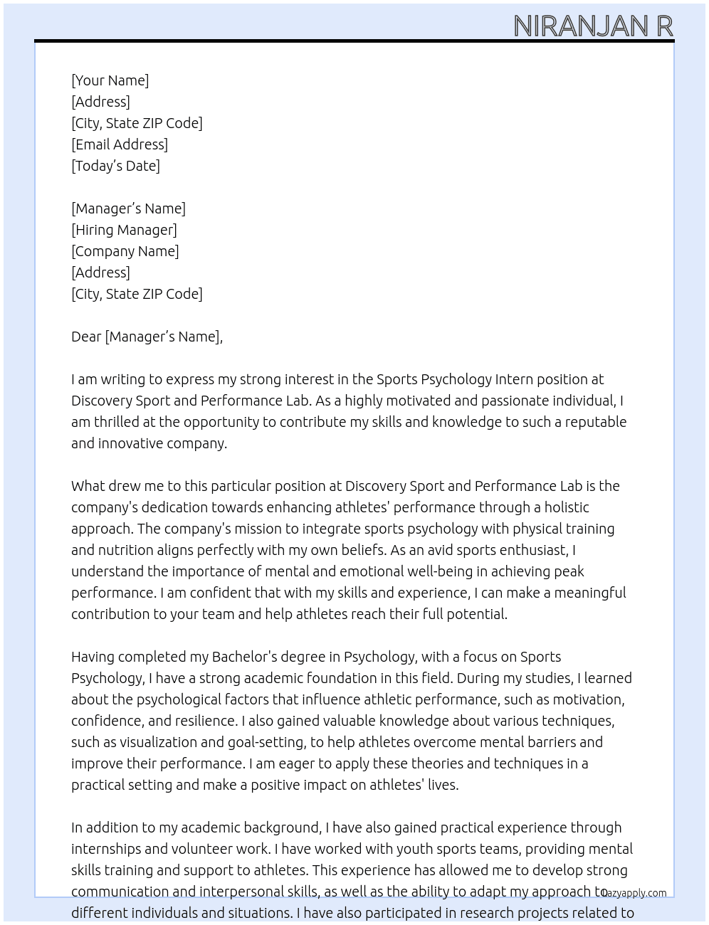 Sports psychology intern At Discovery sport and performance lab Cover Letter
