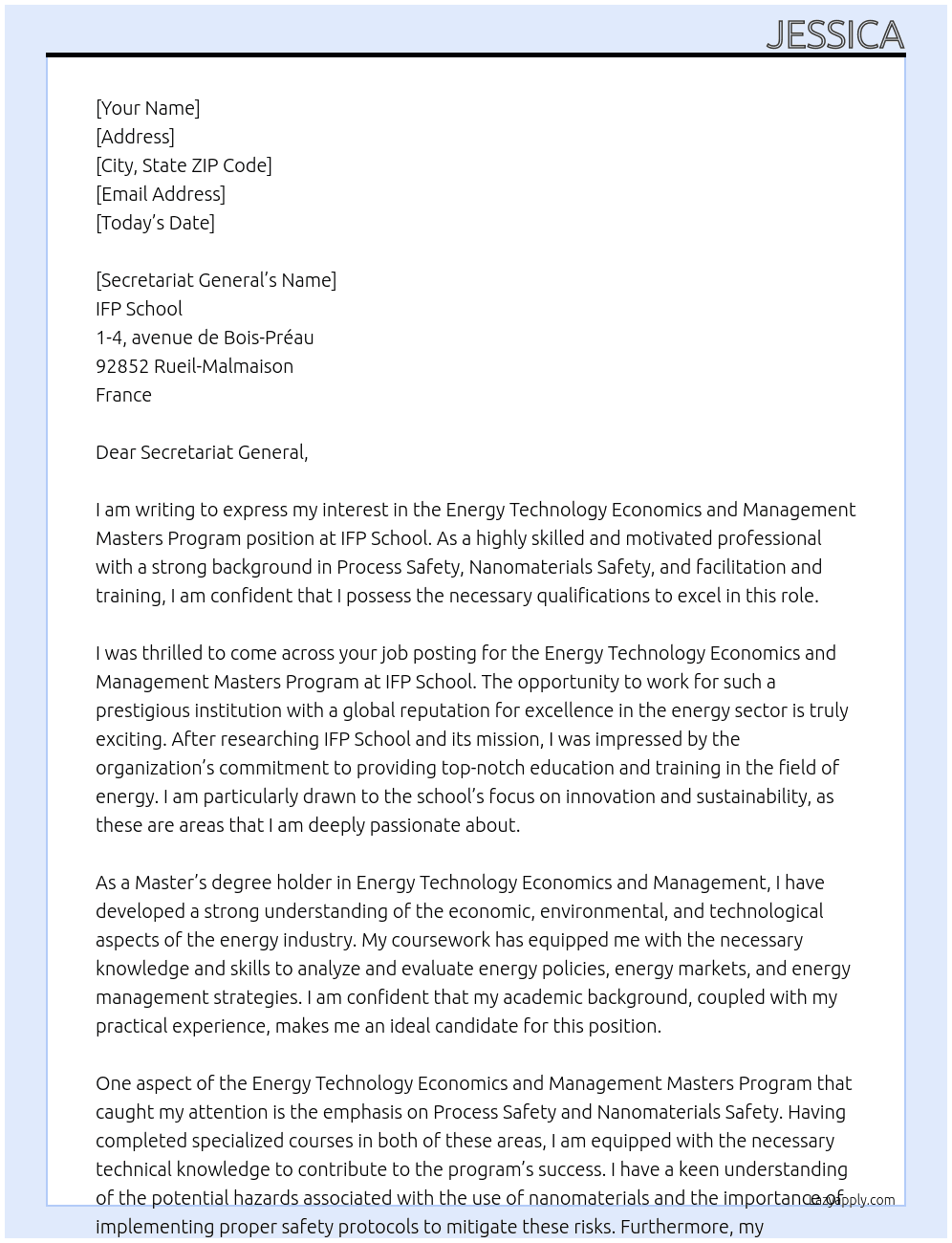 Energy Technology Economics and Management Masters Program At IFP School Cover Letter