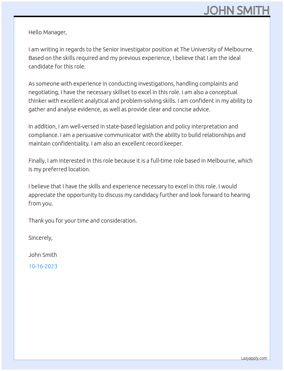 Senior Investigator At The University of Melbourne Cover Letter