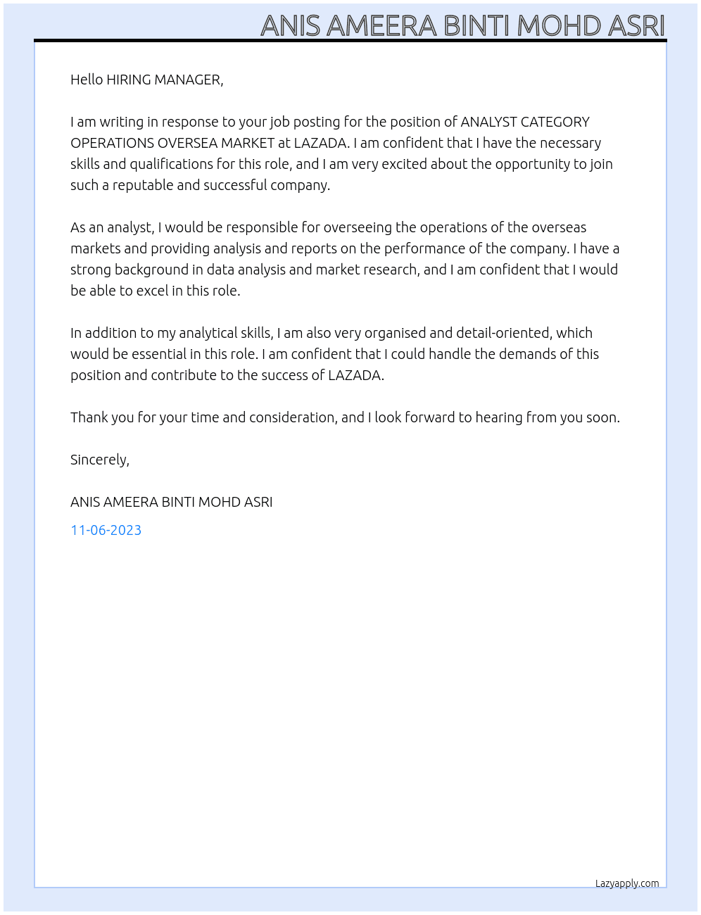 ANALYST CATEGORY OPERATIONS OVERSEA MARKET At LAZADA Cover Letter