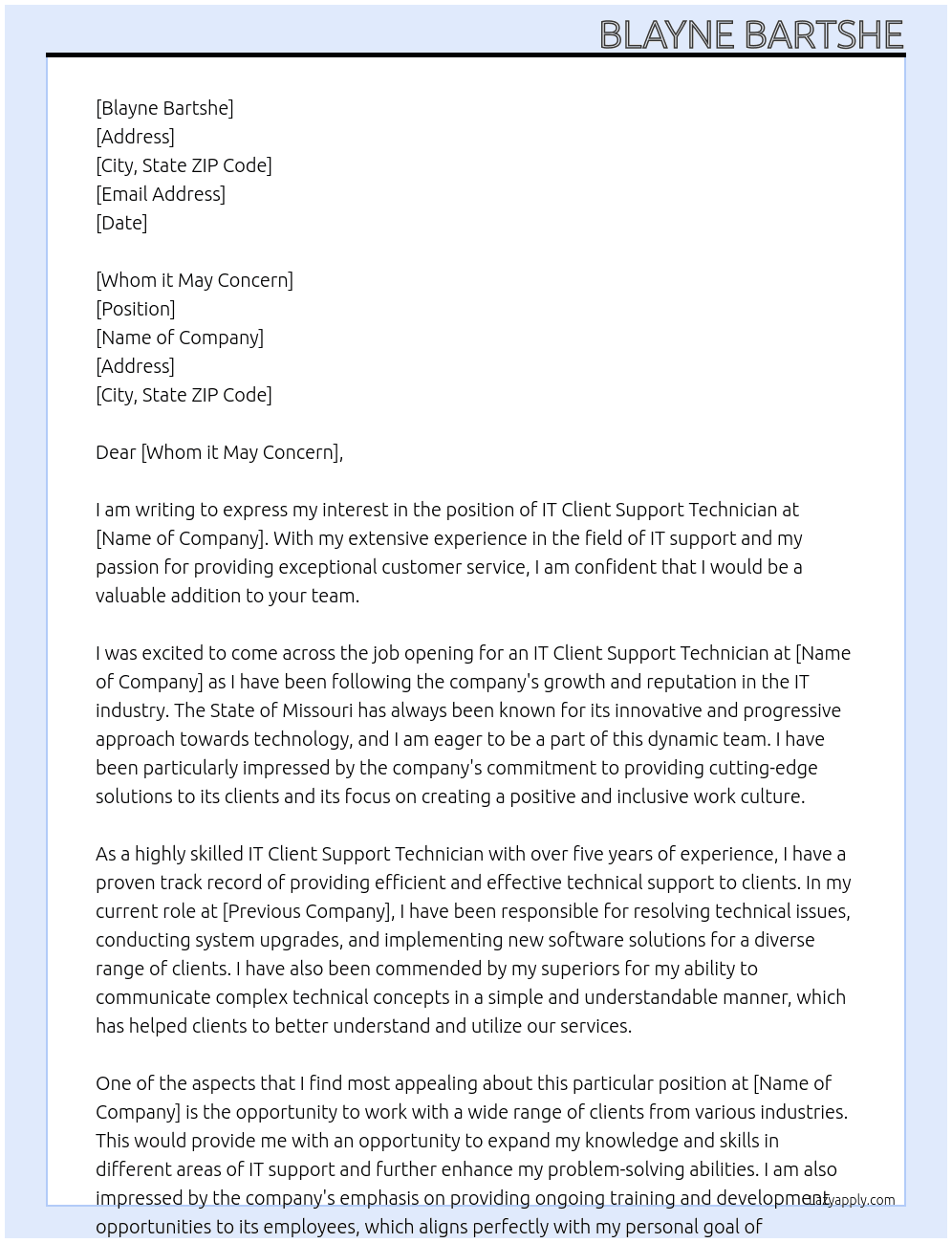 IT Client Support Technician At State of Missouri Cover Letter
