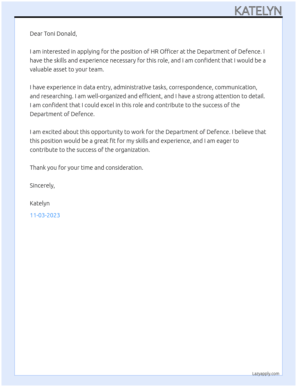 HR officer At Department of Defence Cover Letter