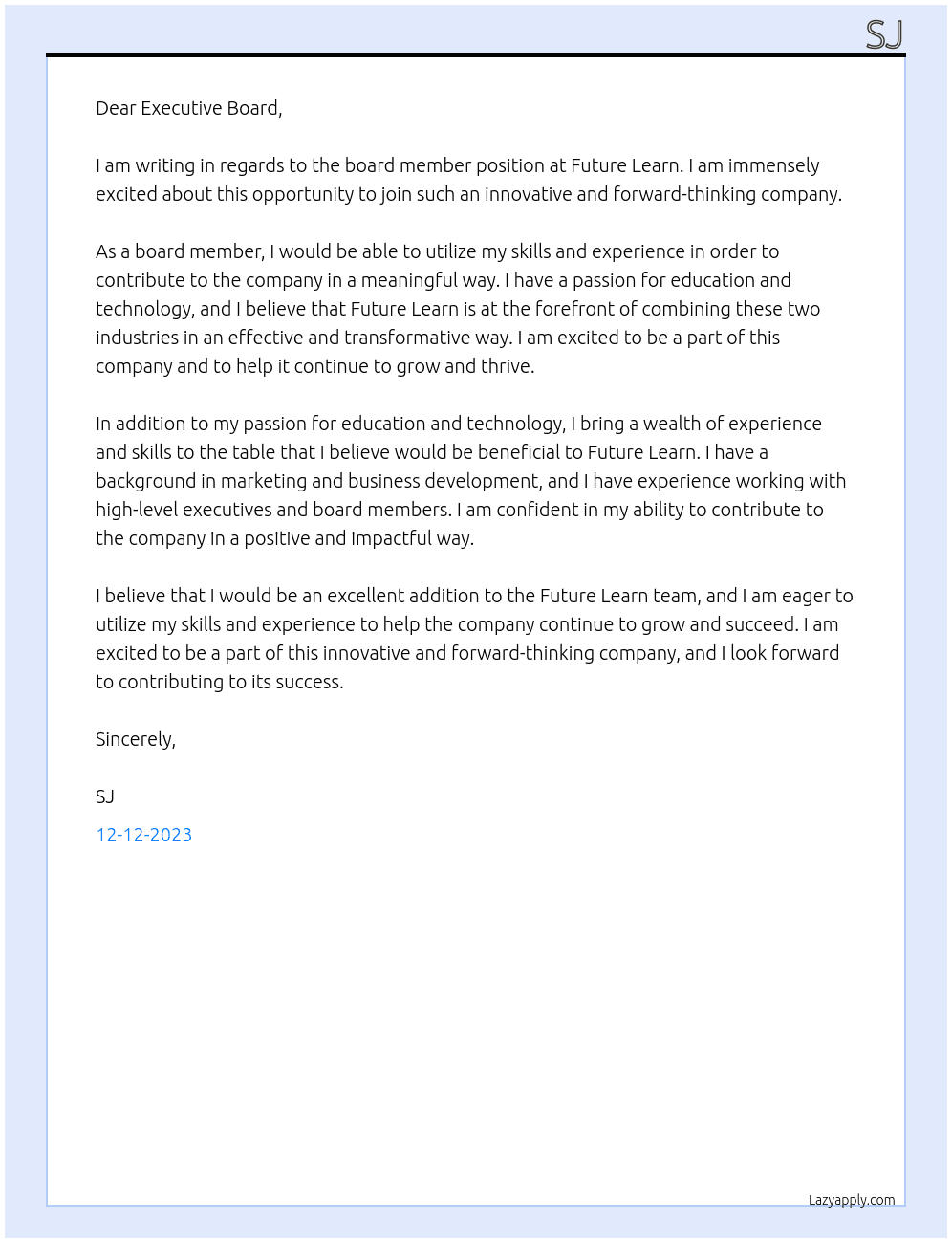 Board member At Future Learn Cover Letter