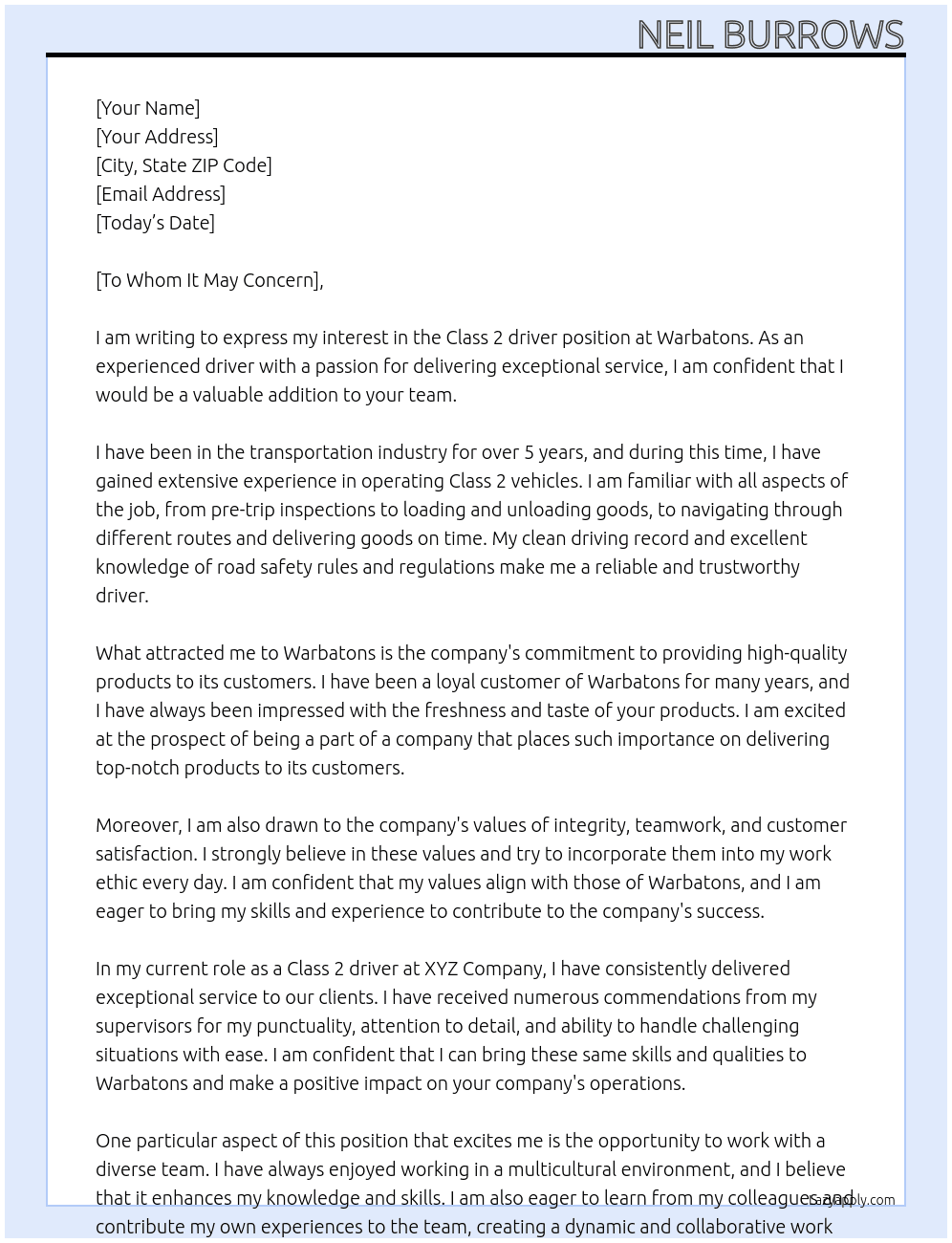 Class 2 driver At Warbatons  Cover Letter