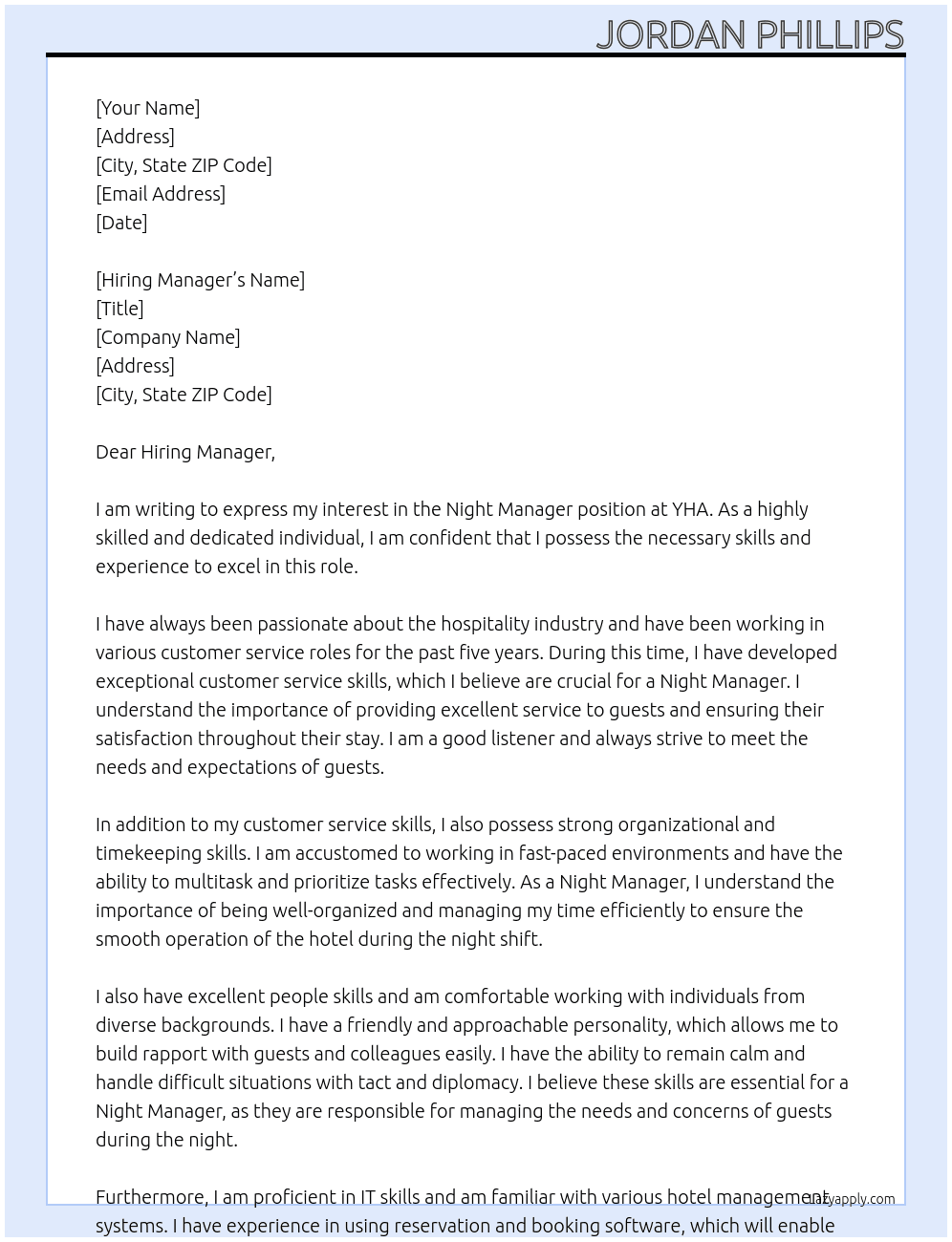 Night Manager At YHA Cover Letter