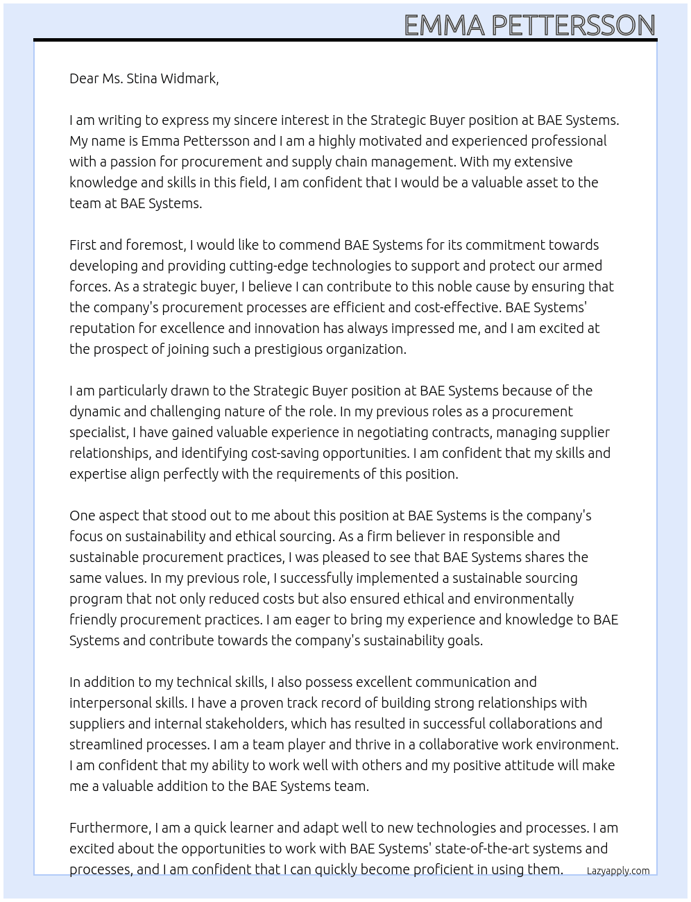Strategic buyer At BAE System Cover Letter