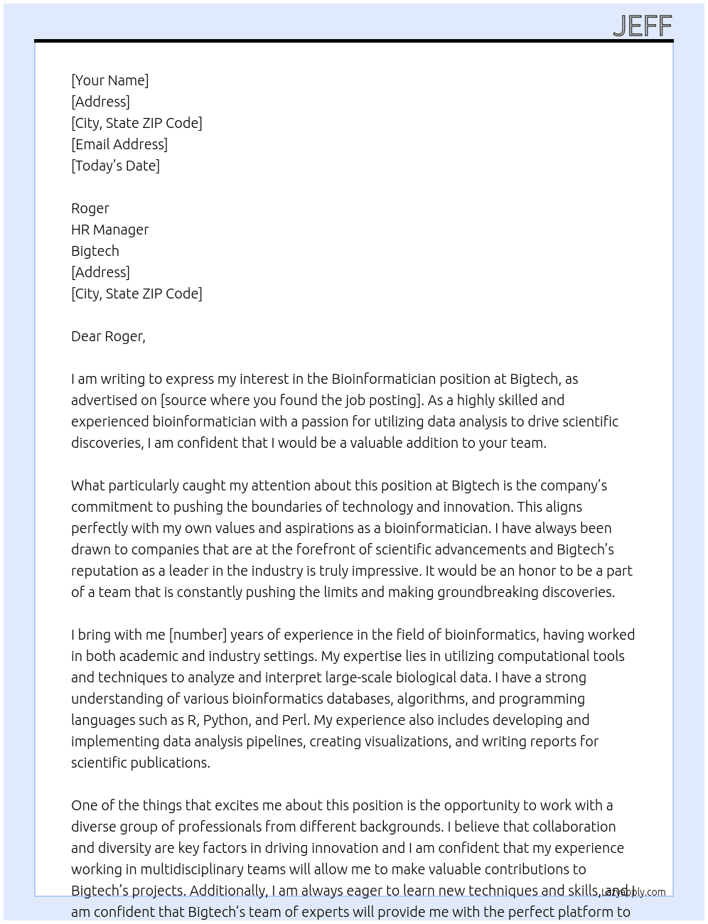 Bioinformatician At Bigtech Cover Letter