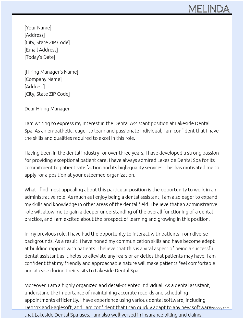 Dental assistant At Lakeside Dental Spa Cover Letter