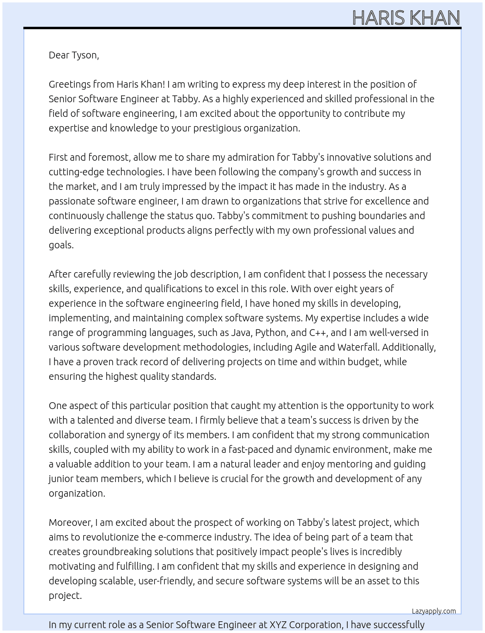 Senior Software Engineer At Tabby Cover Letter