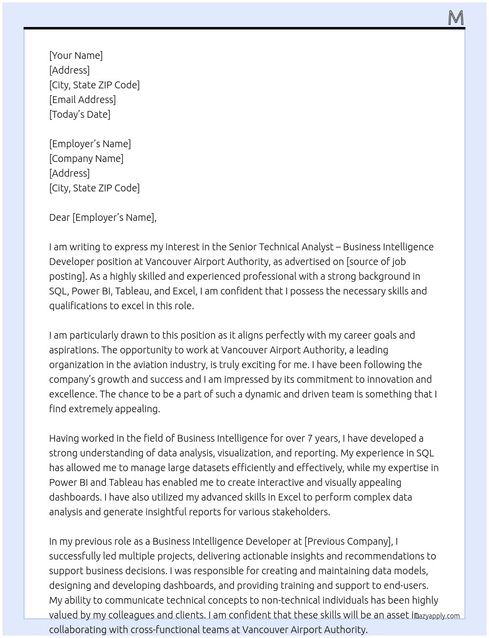 Senior Technical Analyst – Business Intelligence Developer At Vancouver Airport Authority Cover Letter