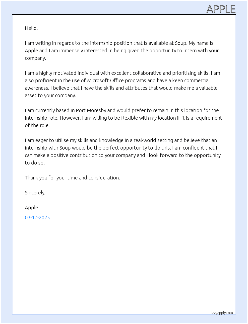 Internship At Soup Cover Letter