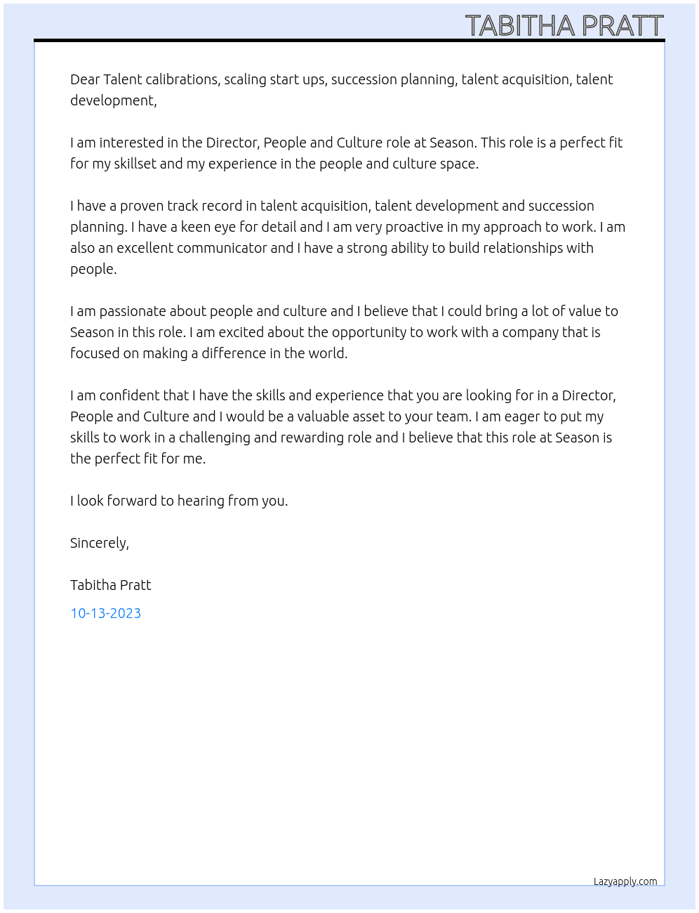 Director, People and Culture  At Season  Cover Letter
