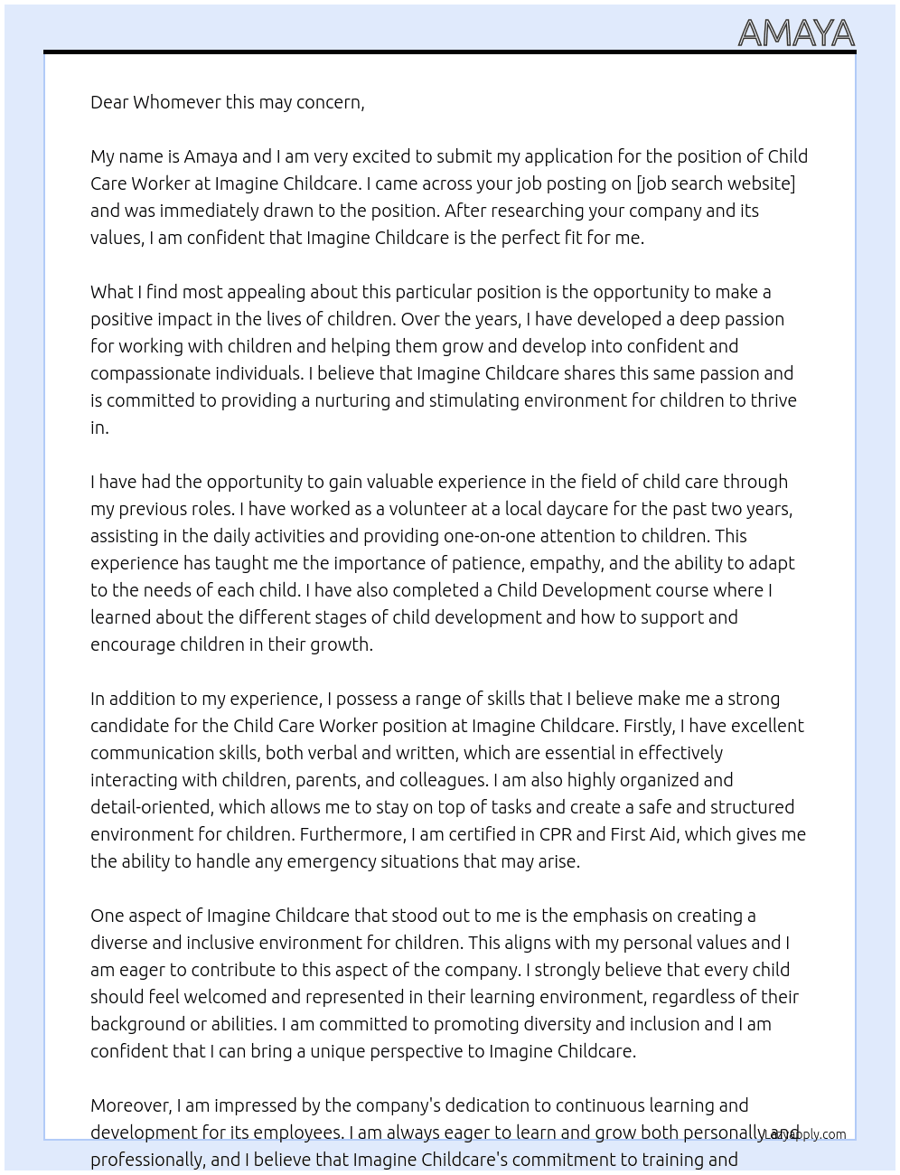 Child Care Worker At Imagine Childcare Cover Letter