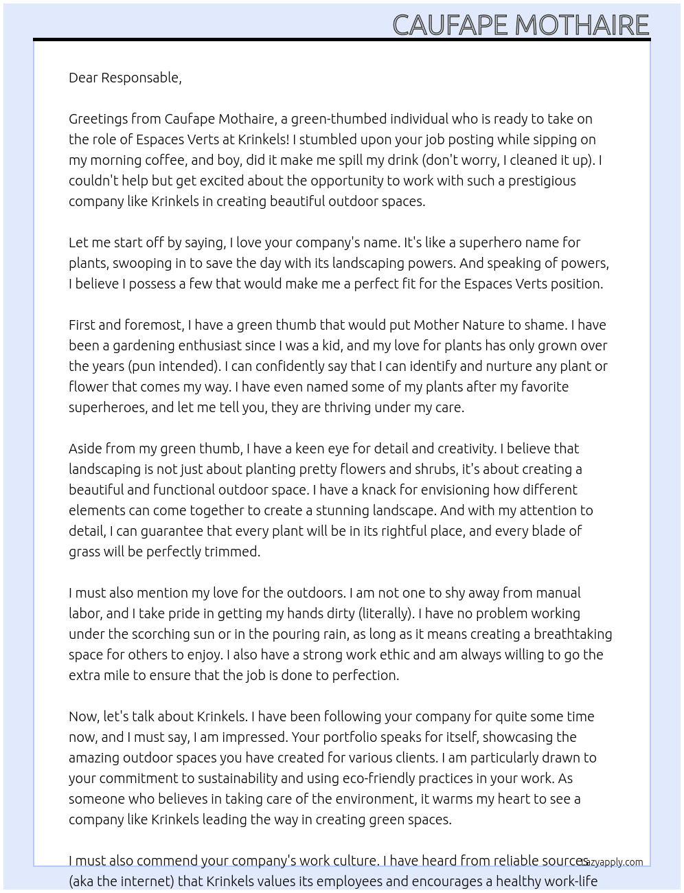 Espaces verts  At Krinkels Cover Letter