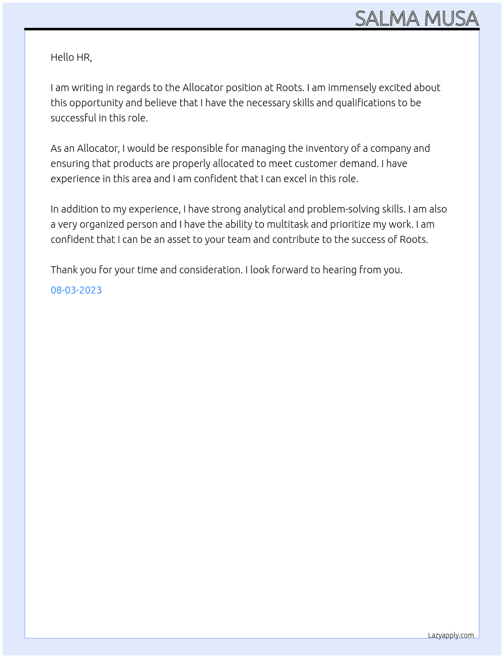 Allocator  At Roots Cover Letter