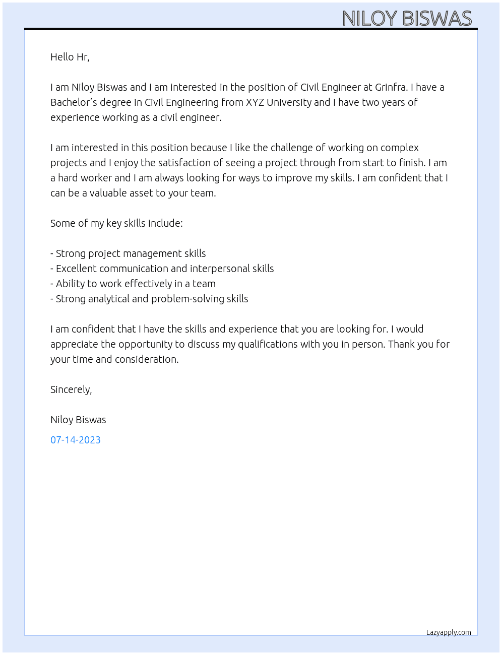 Civil Engineer  At Grinfra Cover Letter