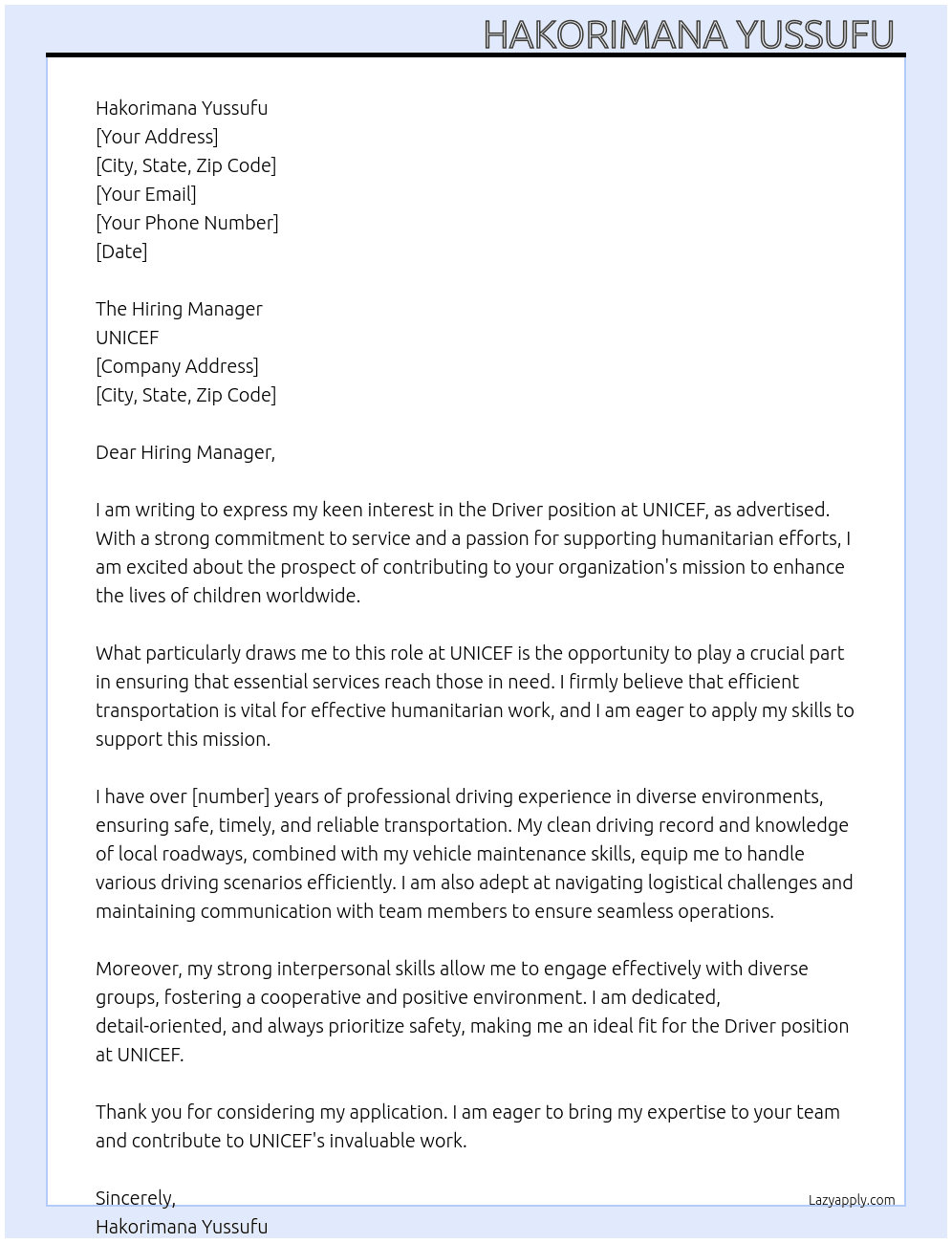 Driver At Unicef Cover Letter