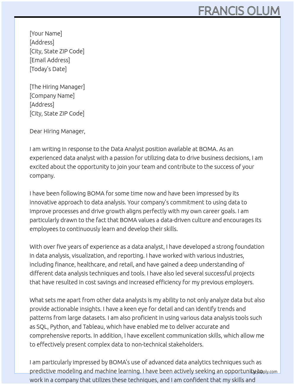 Data Analyst At BOMA Cover Letter