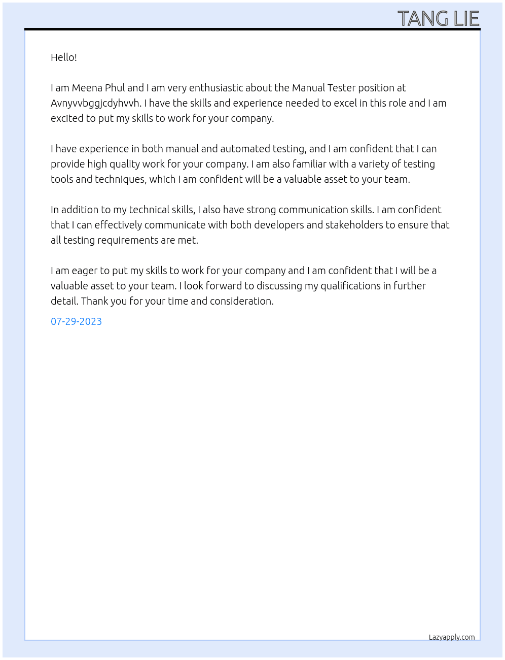 Mannual tester  At Avnyvvbggjcdyhvvh Cover Letter