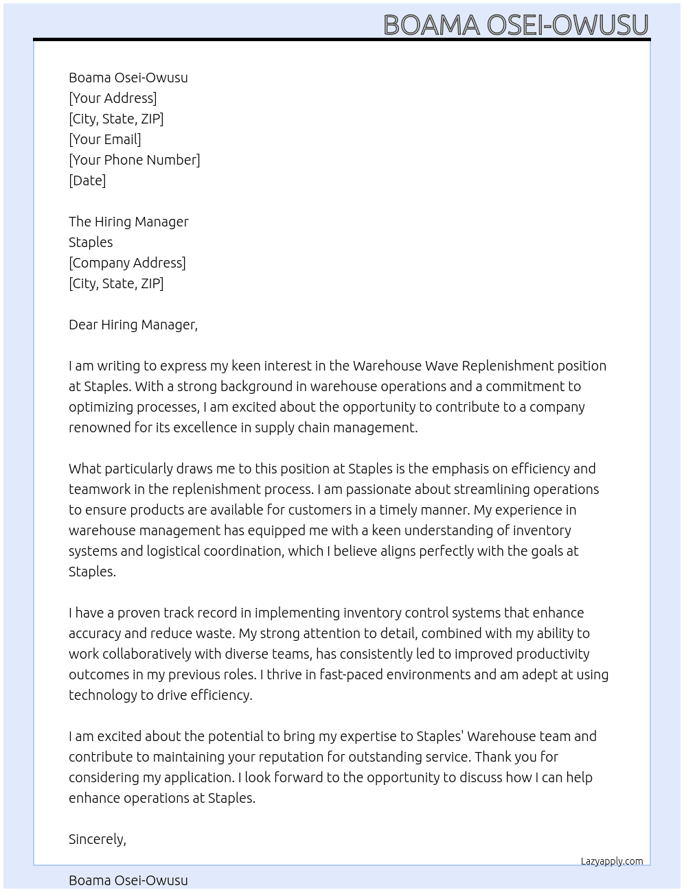 Warehouse wave replenishment At Staples Cover Letter